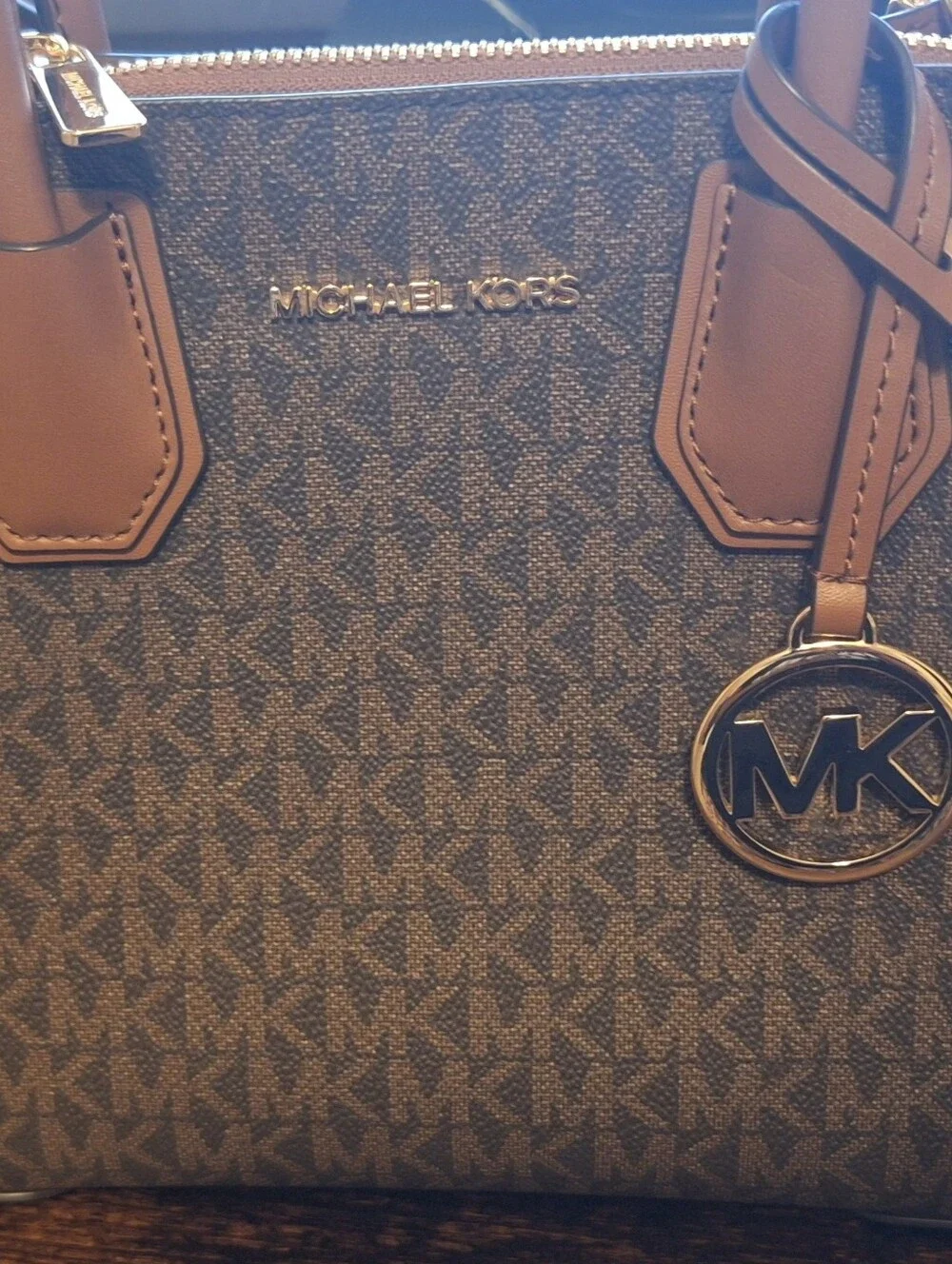 Michael Kors Brown and Dark Blue MK Logo Tote